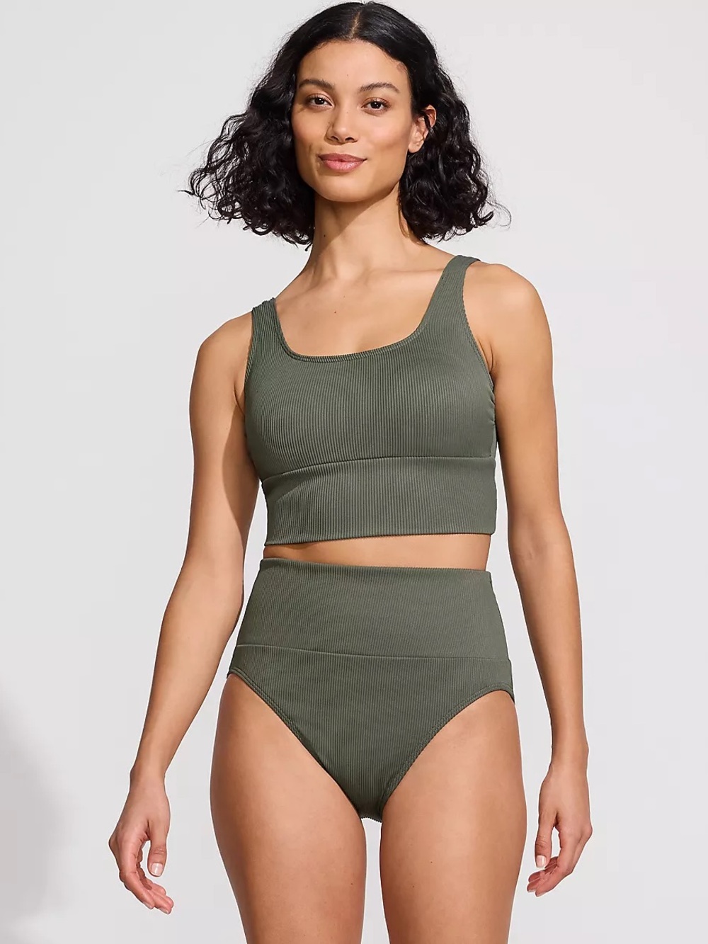 Lands' End Women's Tugless Ribbed Midkini and High Waisted Bottom Swimsuit Set - Picture 3 of 9